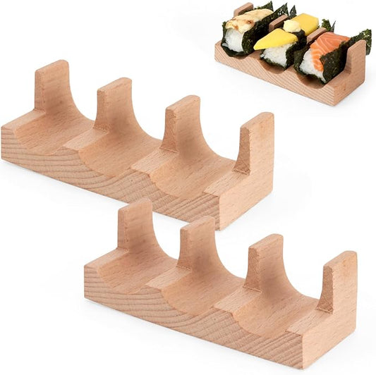 Wooden Taco Holder Stand for Sushi Hand Roll, Temaki & Sushi Roll – 1/2/3/5 Slot Sushi Display Tray, Natural Wood Serving Platter (2 pcs per Pack) (3 Slot (2 pcs))