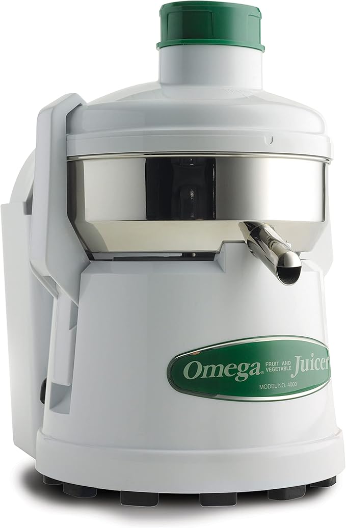 Omega Centrifugal Juicer High Speed Pulp Ejection Juice Extractor 1/3 HP Juices Vegetables Citrus and Fruits at 3500 RPM Surgical Stainless Steel Parts and Blade, 250-Watts, White