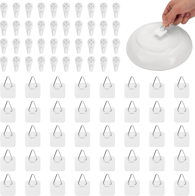 Bilillo 40PCS Adhesive Plate Hangers for the Wall, Invisible Heavy Duty Plate Holders with Wall Hooks & Storage Box, Strong Sticky Hangers for Plates, Frames & Wall Art