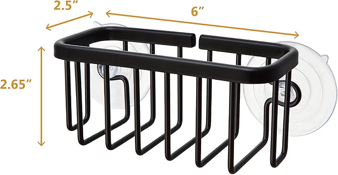 SunnyPoint NeverRust Kitchen & Bathroom Sink Caddy for Sponges, Scrubbers, Soap, 6" x 2.5" x 2.65", with Adhesive Mount - Additional Suction Cup Included –Aluminum (Black)