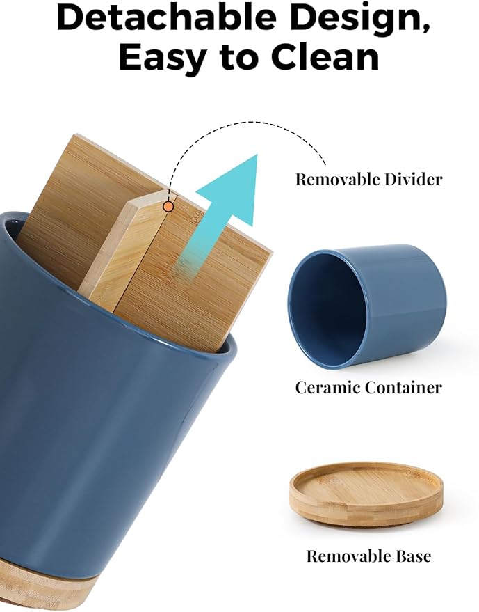 LoeJan 3 Compartment Utensil Holder, Extra Large Utensil Crock, Stable Ceramic Utensil Organizer, Cooking Tool Organizer Set for Kitchen Counter Farmhouse Decor, Blue