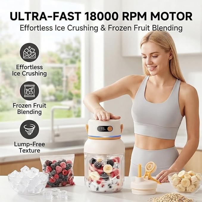 Portable Electric Juicer Cup with Zero Cord Hassle, USB-C Rechargeable Electric Blender with 18000 RPM Motor, Portable Wireless Juicer Cup for Home, Gym, Office and Outdoor (1000ml 2pcs)