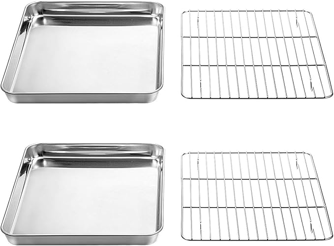 Wildone Baking Sheet with Rack Set [2 Sheets + 2 Racks], Stainless Steel Cookie Pan baking Tray with Cooling Rack, Size 12 x 10 x 1 Inch, Non Toxic & Heavy Duty & Easy Clean