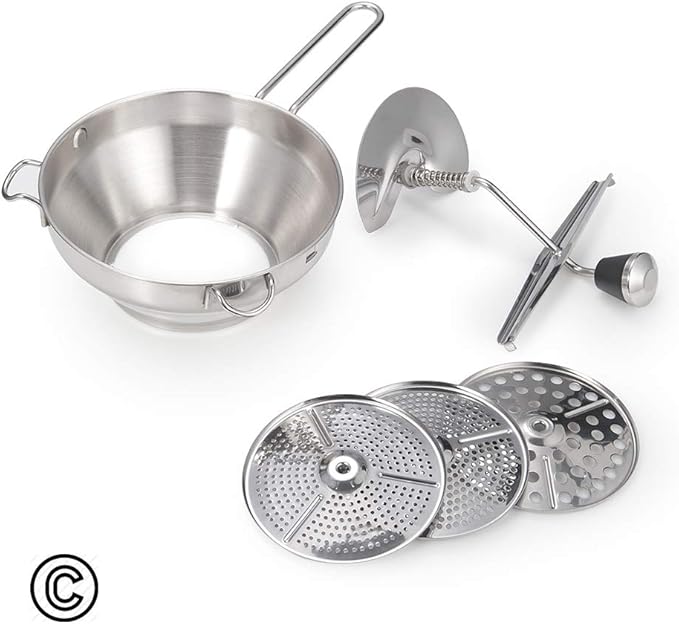 Rotary Food Mill Potato Ricer with 3 Interchangeable Disks, Great for Making Puree or Soups of Vegetables, Baby Foods, Stainless Steel 2 Quart Kitchen Mills, Easy Clean and Assemble, Manual Operati