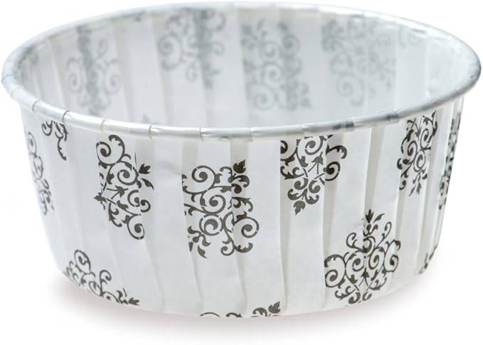 Restaurantware Panificio 5 Ounce Baking Cups 200 Pleated Cupcake Liners - Oven-Ready Freezable Black And White Paper Muffin Cases Disposable Vintage Floral For Wedding Parties Baby Showers