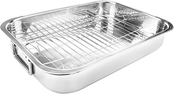 Stainless Steel Roasting Pan with Rack Rectangular Baking Pan BBQ Bakeware Quarter Sheet with Handles for Turkey Chicken Meat & Vegetables (36x26x6CM)