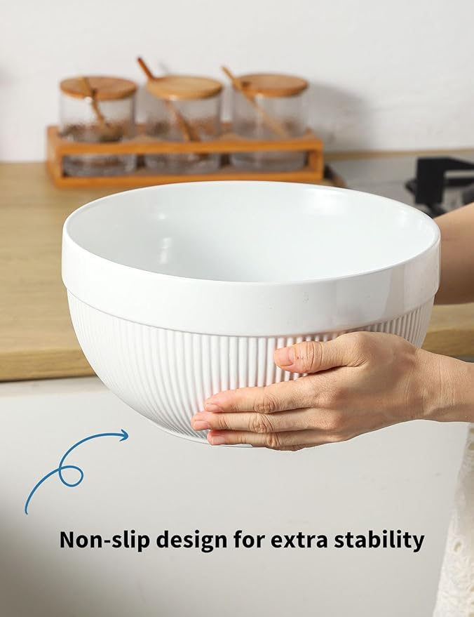 Large Ceramic Mixing Bowls, White Kitchen Bowls (1QT/2.3QT/4.6QT), Set of 3 Nesting Bowls for Baking, Cooking, Serving, Prepping, Dough Bread Making Bowl, Microwave and Dishwasher Safe