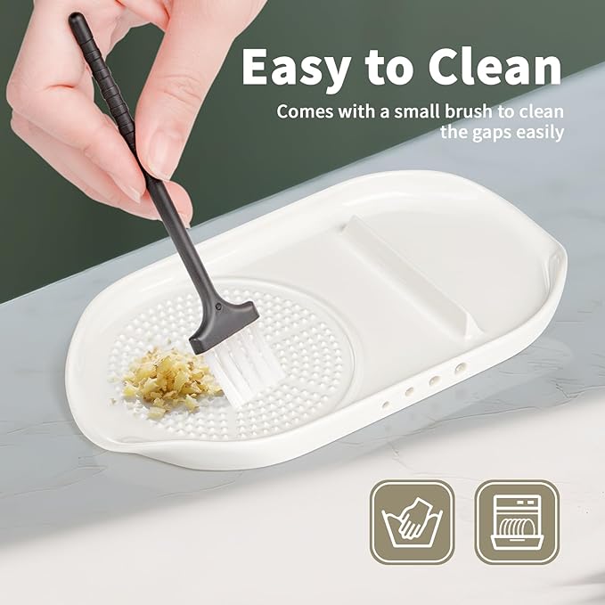 WhiteRhino 4 in 1 Ceramic Garlic Grater with Egg Cracker,Spoon Rest and Herb Stripper, Ginger Grater Plate for Grinding Wasabi Fruits Vegetables Ginger Garlic Cheese(6.76inx3.7in)