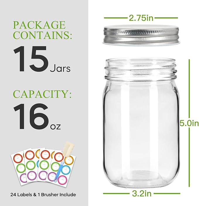 Glass Mason Jars with Silver Lids 16 oz - 15 Pack Regular Mouth Canning Jars for Food Storage, Meal Prep, Overnight Oats, DIY Crafts - Includes 24 Stickers & Brush
