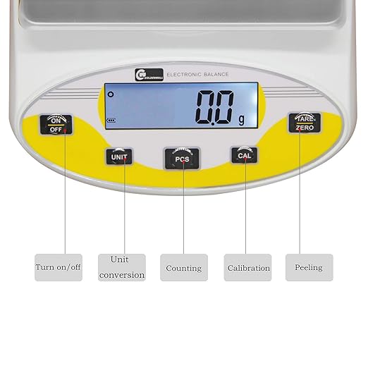 CGOLDENWALL Large Range Lab Digital Analytical Balance Lab Precision Scale Jewelry Kitchen Scales Electronic Balance Weighing and Counting Scale 0.1g Calibrated Pan Size 180140mm Yellow (5kg, 0.1g)
