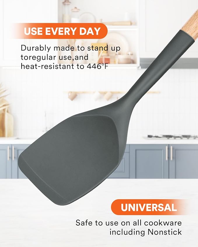 Nonstick Silicone Spatula, Non Scratch Flexible Edge for Pans, Slip Resistant comfortable Wooden Handle, Heat Resistant BPA-Free Kitchen Spatulas for Cooking, 13.2 Inch, Grey