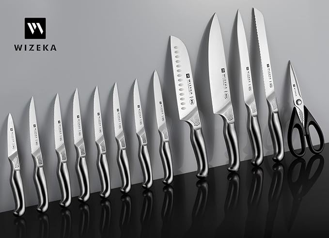 WIZEKA Kitchen Knife Set with Block: 15PCS German Stainless Steel Knife Block Set,One-Piece Design Knives Set for Kitchen, Professional Knife Set with Built-in Sharpener,Starry Sky Series Mothers Day