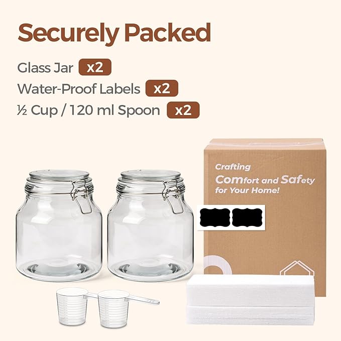 ComSaf 2-Pack 74oz (0.6 Gal) Wide-Mouth Glass Jars with Airtight Clamp Lids, Large Food Storage Containers for Flour, Sugar, Coffee & Pantry Organization, Includes Measuring Cup & Reusable Labels