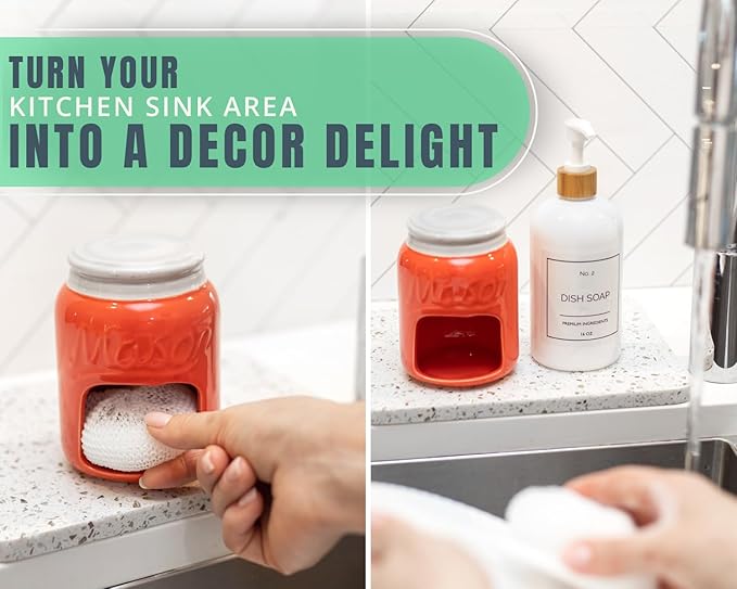 Comfify Ceramic Sponge Holder – Coral Mason Jar Sink Caddy – Farmhouse Kitchen Accessory with Free Sponge