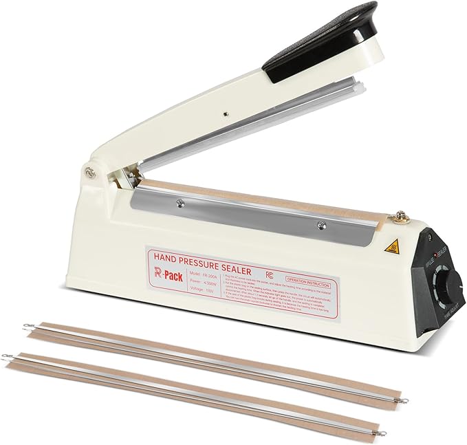 Impulse Heat Sealer with Seal bar, Heavy-Duty Bag Sealing & Cutting Machine, 2 Extra Replacements (white, 8inch)