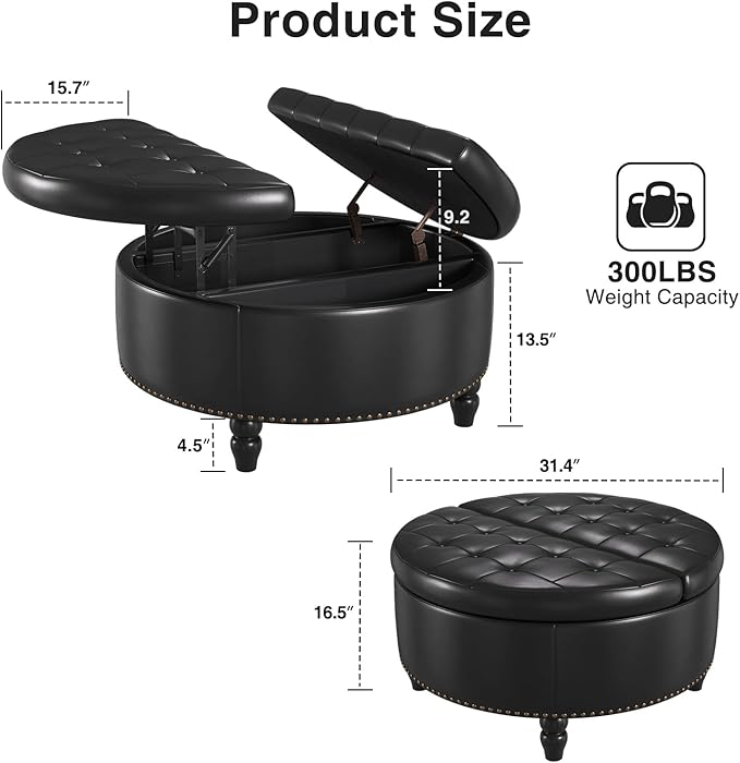 30 Inch Large Round Ottoman with Storage, Modern Leather Ottoman Coffee Table with Lift Top, Upholstered Button Tufted Footrest Stool Toy Blanket Storage for Living Room, Black
