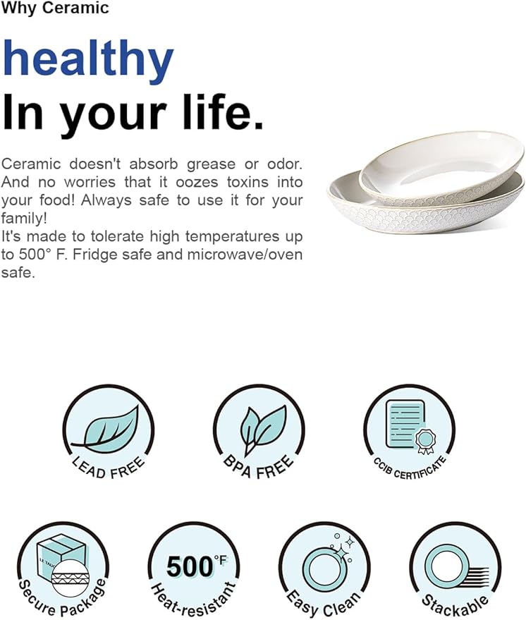 LE TAUCI Ceramic Serving Bowls Set of 2, Large Oval Serving Dishes for Entertaining, 11.8 & 13.7 Inch Salad Bowl for Kitchen Counter, Fruit Bowl, Pasta Bowls, Microwave and Dishwasher Safe - White