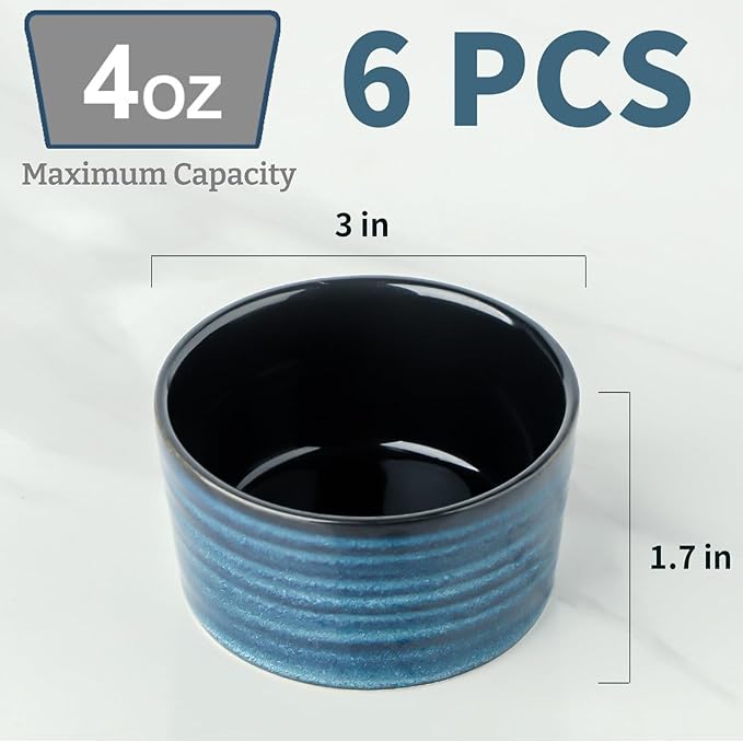 Glowworm Ceramic 4 Oz Ramekins, Dipping Sauce Bowls Set of 6, Creme Brulee Dish for Baking Pudding, Souffle, Serving Dip, Custard, Ice Cream, Oven Safe, Blue