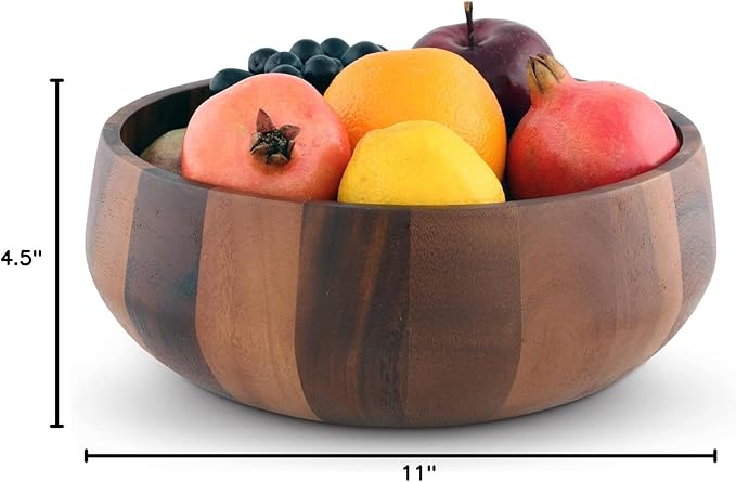 Arthur Court Acacia Wood Serving Bowl for Fruits or Salads Modern Round Shape Style 4.5 inch Tall x 11 inch Diameter Wooden Single Bowl
