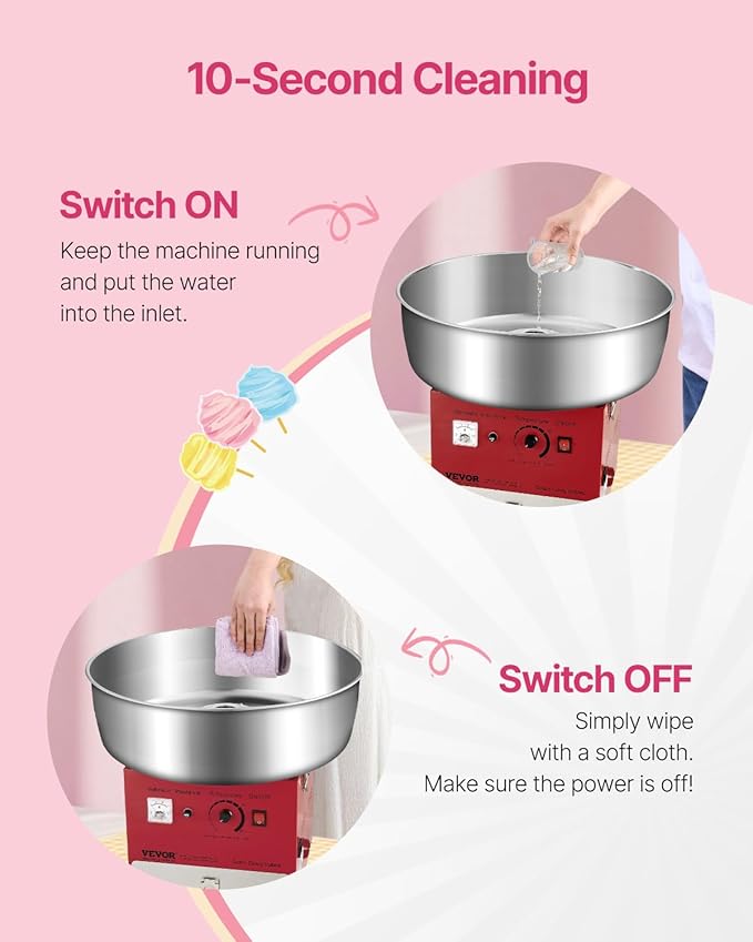 VEVOR Electric Cotton Candy Machine, 1000W Commercial Candy Floss Maker with 20.5 in Stainless Steel Bowl, Sugar Scoop, and Drawer, Easy Home Use, Perfect for Kids Birthday, Family Party, Red