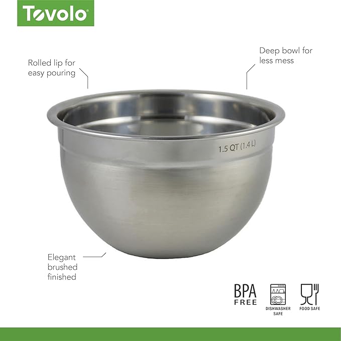 Tovolo Small Stainless Steel Mixing Bowl 1.5 Quart Metal Mixing Bowl with Rounded Lip for Easy Pour and Nesting Storage, Dishwasher Safe Quart Metal Bowl for Baking Mixing and Cooking Prep