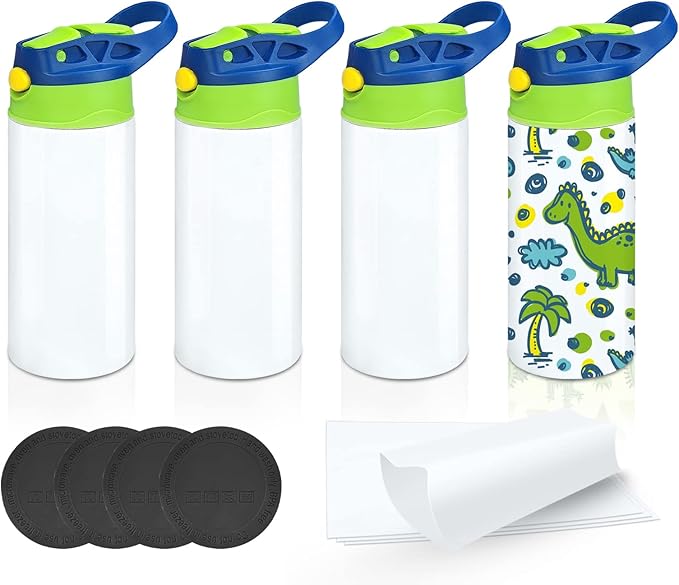 Kids Sublimation Tumbler,12oz Sublimation Water Bottle Blanks,Straight Stainless Steel Todder Sippy Cup,4PACK Double Wall Insulated Sippy Tumbler with Handle,Shrink Films,Leak Proof Blue
