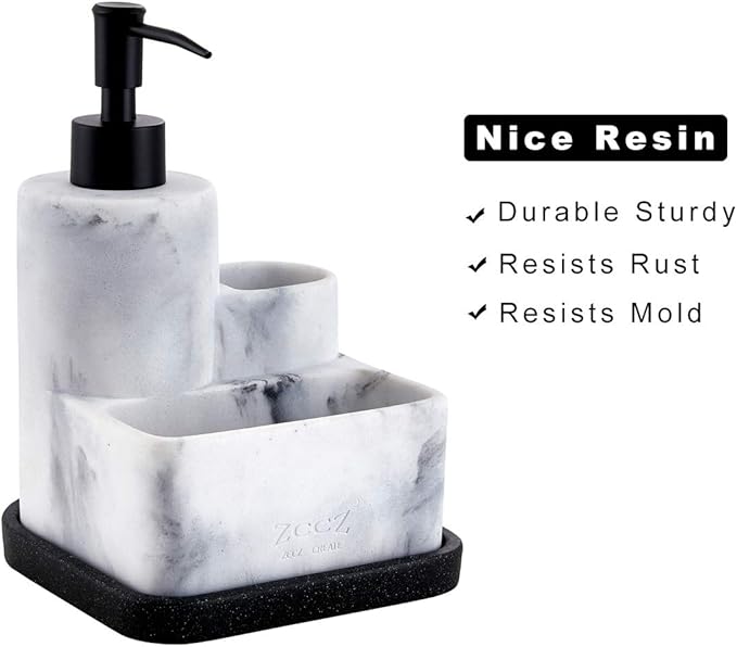 ZCCZ White Soap Dispenser with Sponge Holder, Kitchen Soap Dispenser Pump, Sponge Caddy and Brush Holder 3 in 1 Set Organizer for Sink Countertop, Removable Tray, Marble Look (Brush NOT Included)