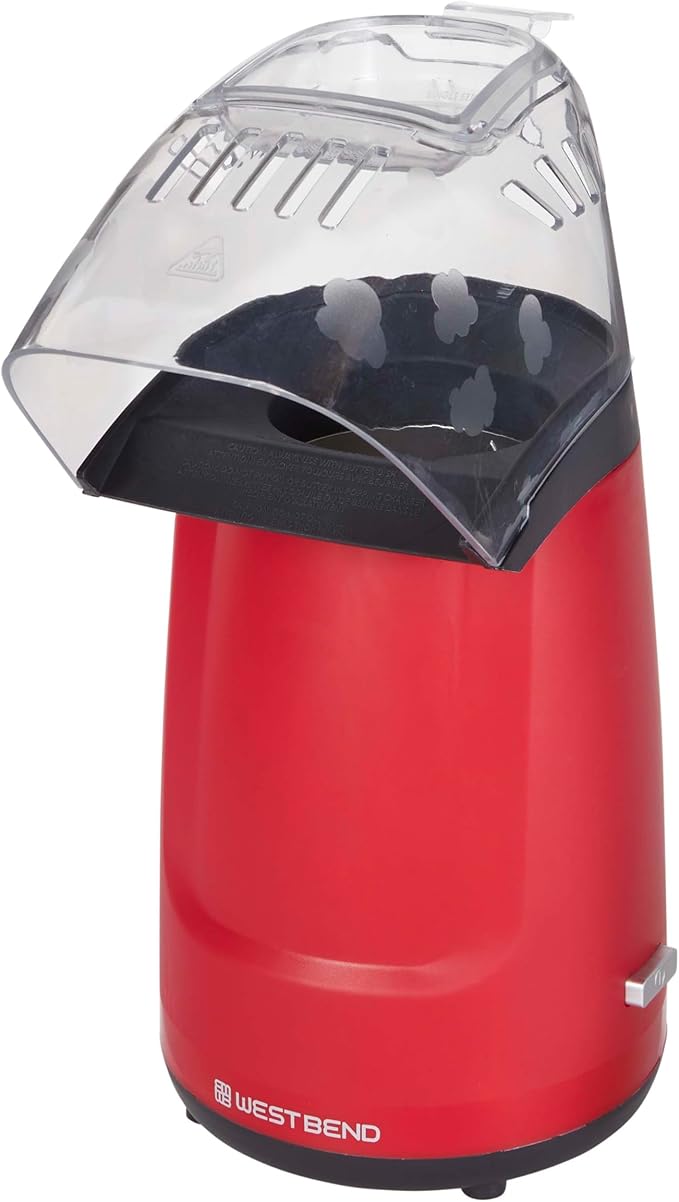 West Bend Air Crazy Series Hot Air Oil-Free Popcorn Popper Machine Features One-Touch Operation with Built-In Measuring Cup and On-Board Cord Storage, 4-Quart, in Red