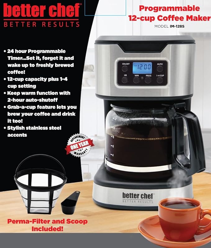 Better Chef Programmable 12-Cup Coffee Maker | 1-4 Cup Setting | Auto-Pause to Serve | 2hr Keep Warm | Perma-Filter | Stainless (Stainless)