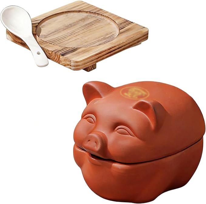 Ceramic Cooking with Lid small Heat Resistant Compatible Earthen Ceramic Cooking Pot Unglazed for Cooking, Rice Meat Soup Family Meals with Tray, spoon(11 * 9 * 9cm)