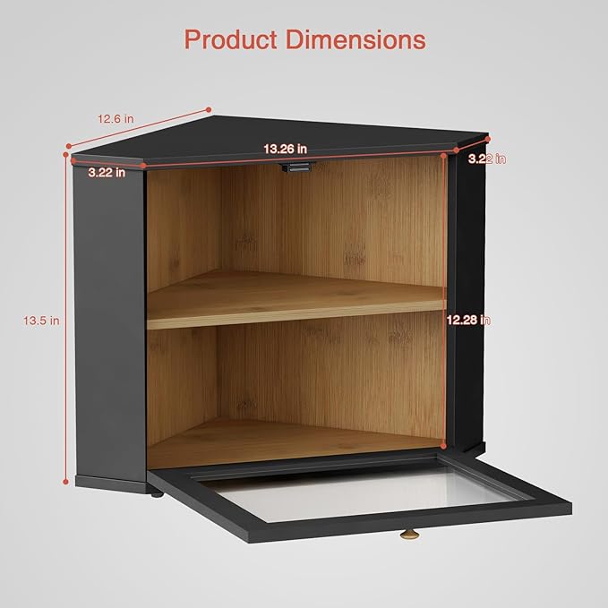 Goozii Corner Bread Box for Kitchen Countertop, Black Bread Storage Container for Homemade Bread, Two Layer Breadbox under Cabinet Mount, Large Bread Holder for Kitchen Counter, Pantry Shelf