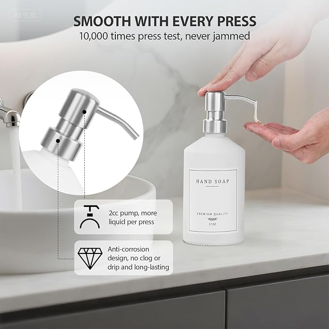 White Glass Soap Dispenser for Kitchen, Dish and Hand Soap Dispenser with Silver Stainless Steel Pump, Modern Kitchen Decor and Accessories (White Bottle/Silver Pump)