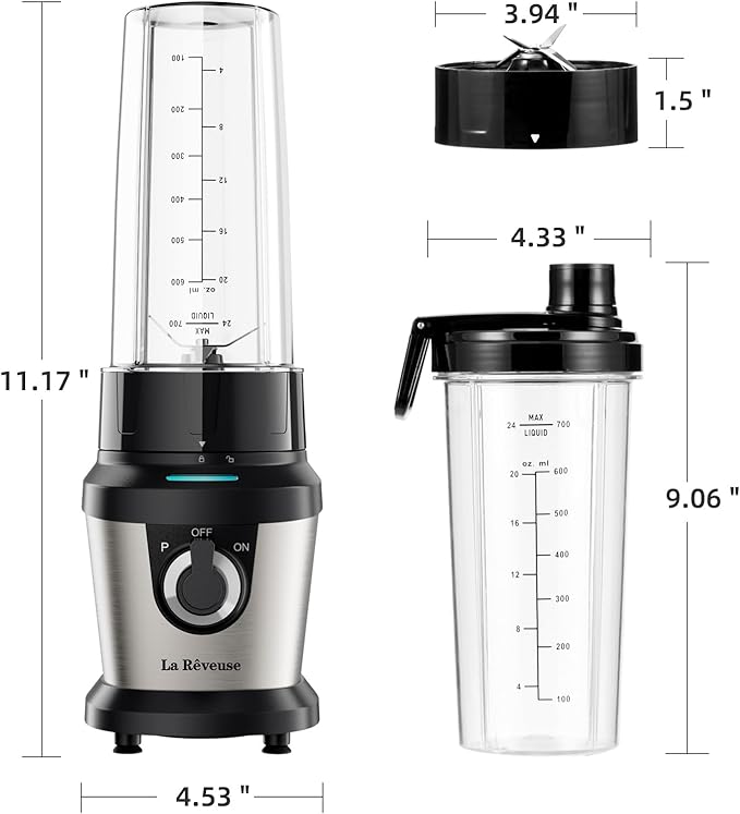 La Reveuse Personal Size Blender for Shakes Smoothies,400W, with 2 x 24 Oz Blending Cups and 2 Spout Lids,BPA-free