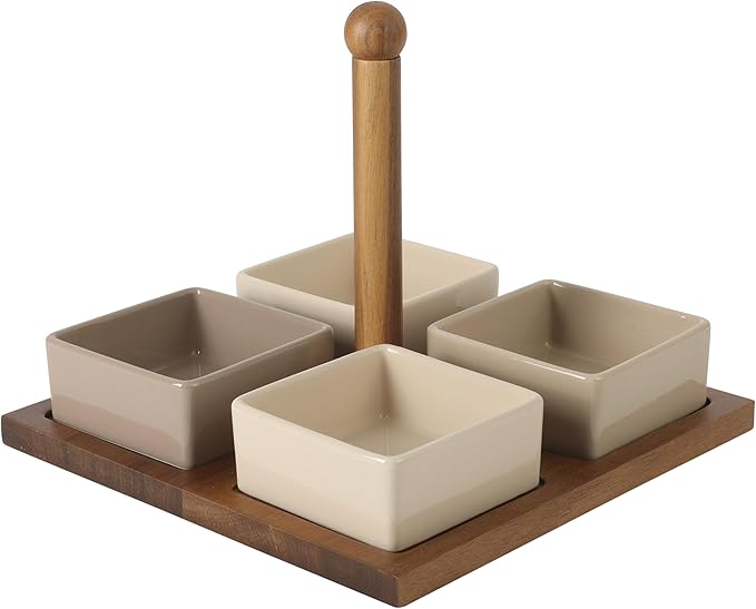 Gibson Elite 4-Piece Stoneware Tidbit, Condiment & Dip Dish Set with Acacia Wood Tray – Taupe Square Appetizer, Snack, Topping & Entertaining Server