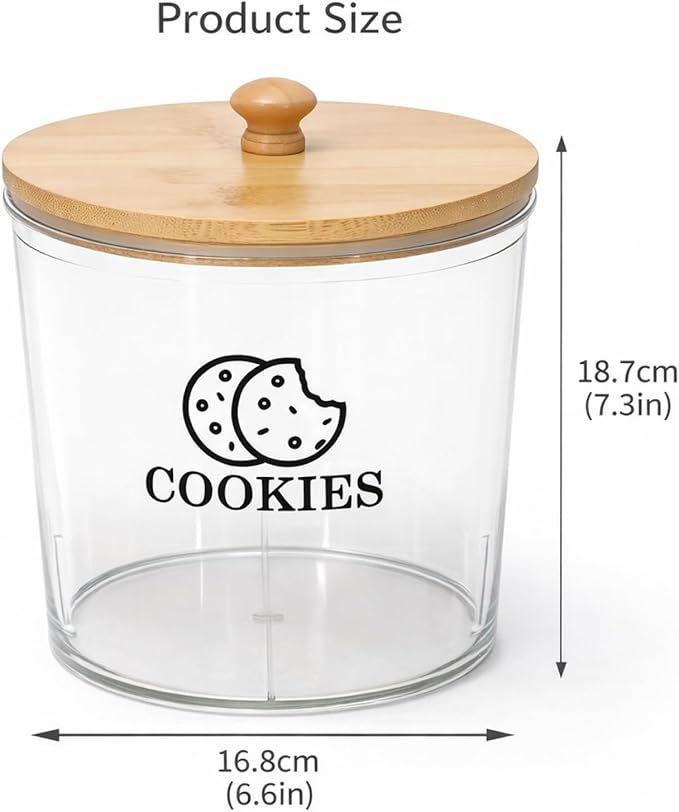 Cookie Jars with Wooden Lids Airtight, 2L Plastic Cookie Tin, Wide Mouth Candy Jar, Kitchen Counter Food Storage Container, Cute Jar for Gift Giving, BPA-Free, Round, Clear