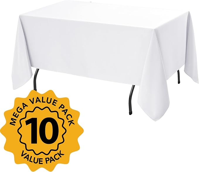 10-Pack White Tablecloths for Rectangle Tables, 60 x 120 Inches, Stain-Resistant Polyester Fabric for 6 Foot Tables - Washable Table Covers for Weddings, Banquets, Birthday, Parties, Events