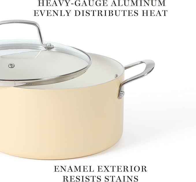 Martha Stewart Lockton Premium Nonstick PFA Free Ceramic Interior 10 Piece Enamel Heavy Gauge Aluminum Pots and Pans Cookware Set - Butter Cream