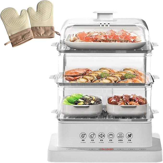 Food Steamer,40l,360° Steam Cycle Electric Steamer,with 3 Stainless Steel Steaming Plates,A Pair of Heat Insulating Gloves,12 Hour Reservation,6 Preset Modes