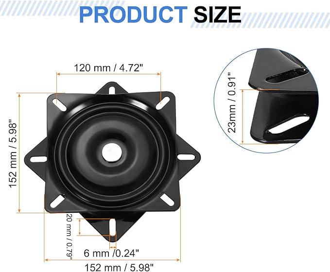 uxcell 6" Bar Stool Swivel Replacement, 360° Rotation Lazy Susan Turntable, Square Semi-Ball Bearing Seat Swivel Base Mount Plate for Recliner Chair or Table, Black (154x2mm)