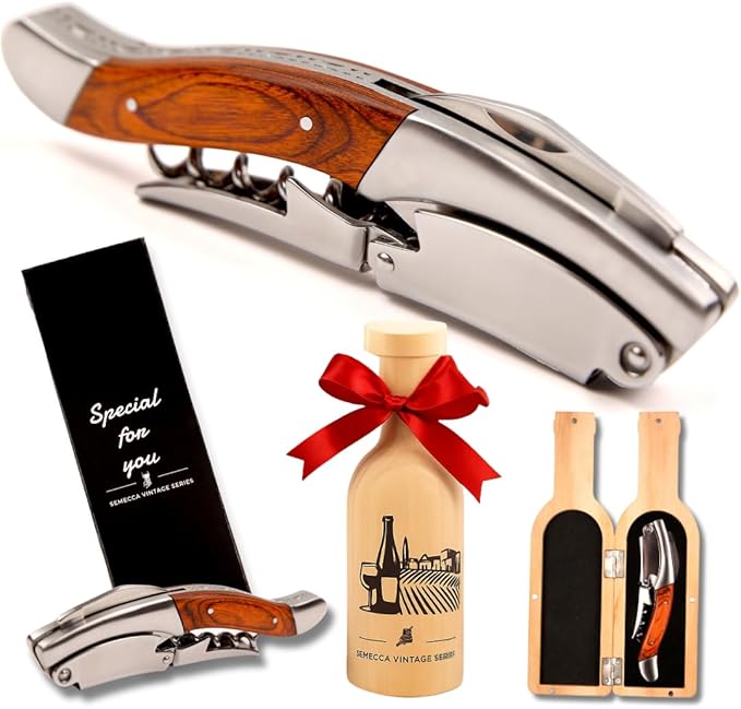 Semecca® Wine Opener – Professional Waiter’s Corkscrew, Double Hinged Wine Key, Wine Bottle Opener with Wooden Gift Box, for Wine Lovers