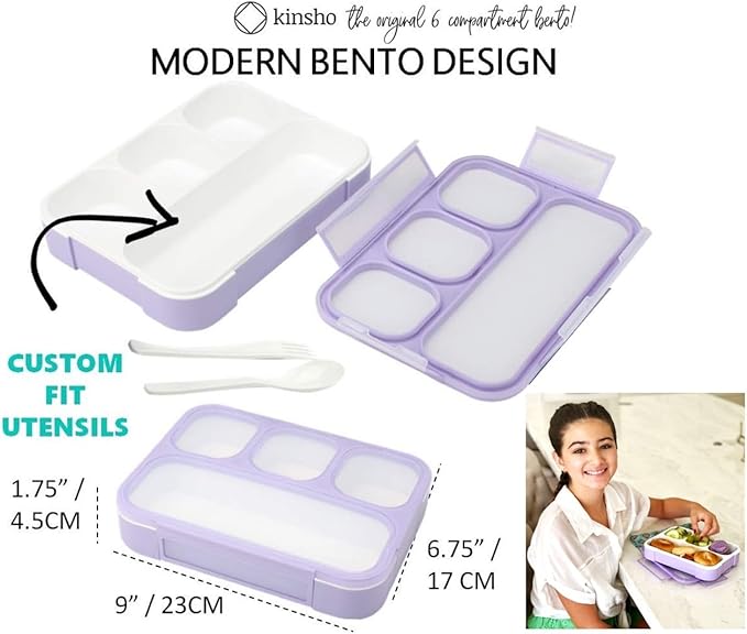 kinsho Lunch Boxes for Girls Teens Adults - Bento Box Set with Insulated Bag and Ice Pack, 4 Compartment Leak Proof Food Container, BPA-Free, Microwave Safe, Ideal for School & Work, Purple