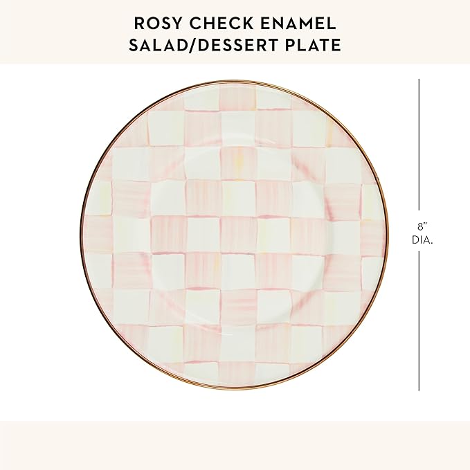 MACKENZIE-CHILDS Enamel Salad and Dessert Plate, Small Plate for Appetizers or Desserts, 8 Inches, Pink-and-White Rosy Check