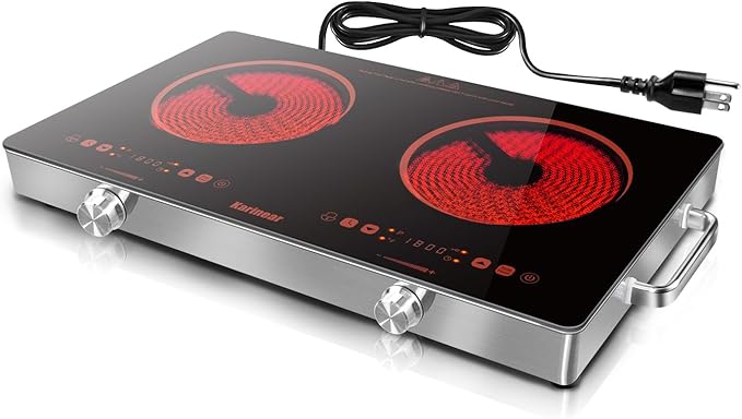 Karinear 2 Burner Electric Cooktop 110V, Portable Electric Stove with Handle, Knob Control Electri Hot Plate, Ceramic Countertop Burner, Timer, Safety Lock, 9 Power Level, 2000W, 24 inch(Gold)