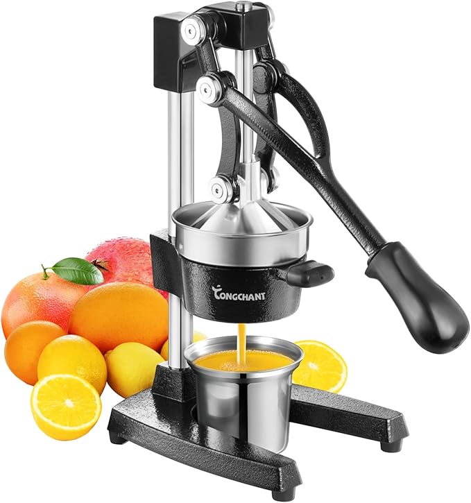 TONGCHANT Cast Iron Juicer, Heavy Duty Manual Citrus Press | Hand Press Juicer for Orange Lemon Pomegranate, High Leverage for Easy Juicing, Stainless Steel Cup, Black