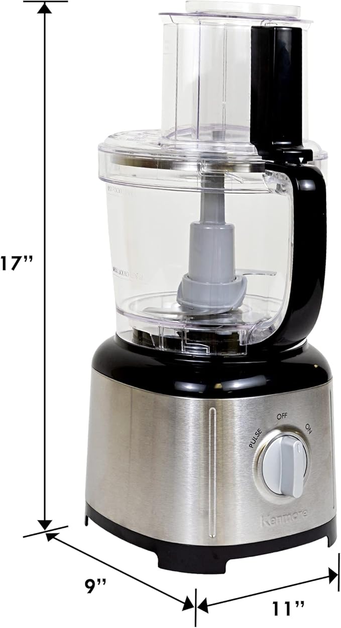 Kenmore 11-Cup Food Processor and Vegetable Chopper with Reversible Slicing/Shredding Disc, Chop, Slice, Shred, Mince, Grate, Puree, Stainless Steel, 500W, Black and Silver