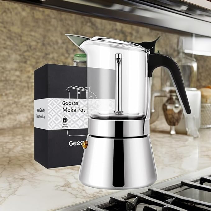 Geesta Premium Crystal Glass-Top Stovetop Espresso Moka Pot - 4/6/ 9 Cups Stainless Steel Coffee Maker- 360ml/12.7oz/9 cup (espresso cup=40ml)