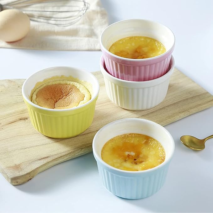 Ramekins 6oz Oven Safe,Creme Brulee Ramekin and Souffle Dishes,Porcelain Baking Bowls,Dipping Sauce Dish.Pudding Cups,Set of 6,Yellow.