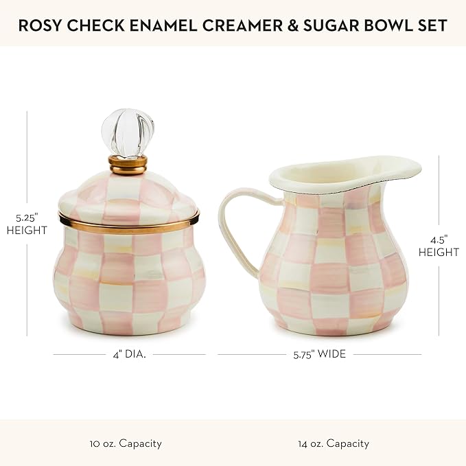 MACKENZIE-CHILDS Enamel Creamer and Sugar-Bowl Set, Cream Dispenser and Sugar Holder, Unique Kitchen Decor, Pink-and-White Rosy Check