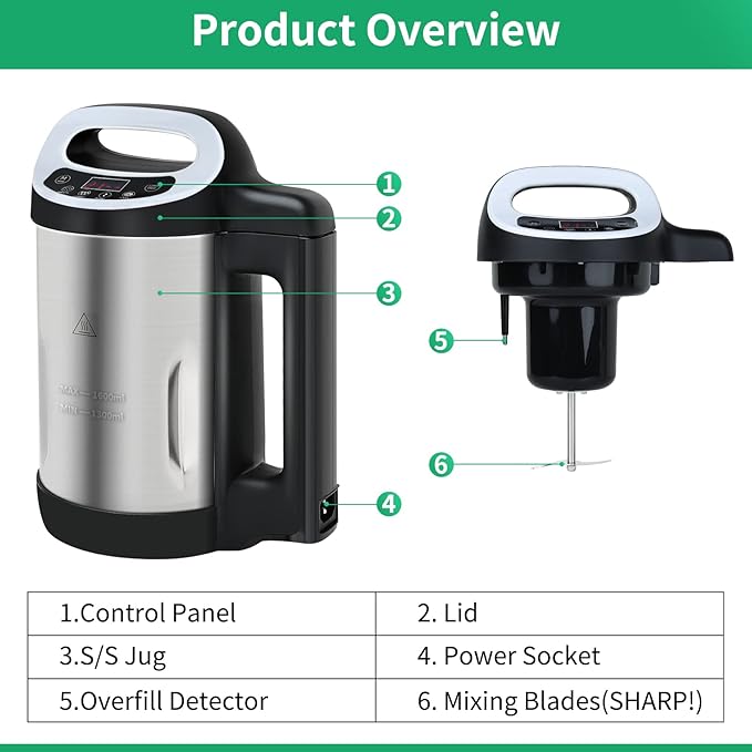Soup Maker 1.6 L, 4-in-1 Multifunctional Smooth Soup and Chunky Soup Machine Maker with LCD Control Panel, Stainless Steel Electric Hot Soup Maker, 2-5 Servings, Smart Living for Home Use
