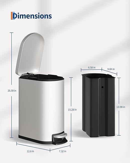 Garvee 13 gal (50 L) and 2.6 gal (10 L) Metal Trash Can Combo Set, Rustproof Garbage Can with Lid, Step-on Trash Bin with Inner Bucket, Rear Handle, White